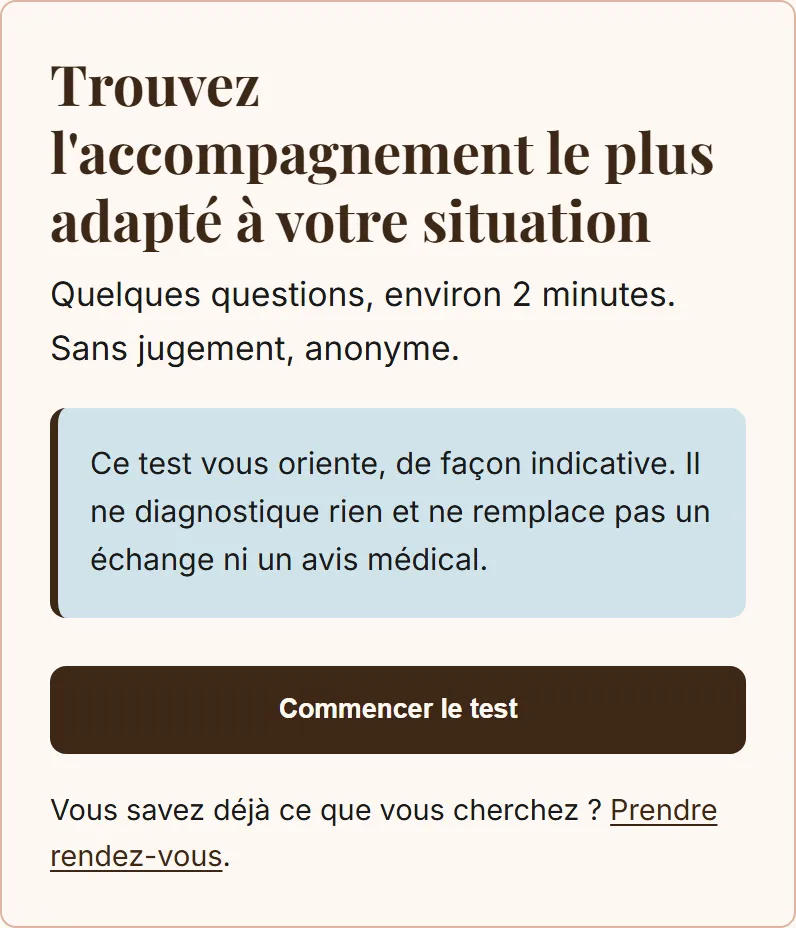 Introduction du test d’orientation d’Anne-Sophie : questions anonymes et avertissement sur sa portée indicative.