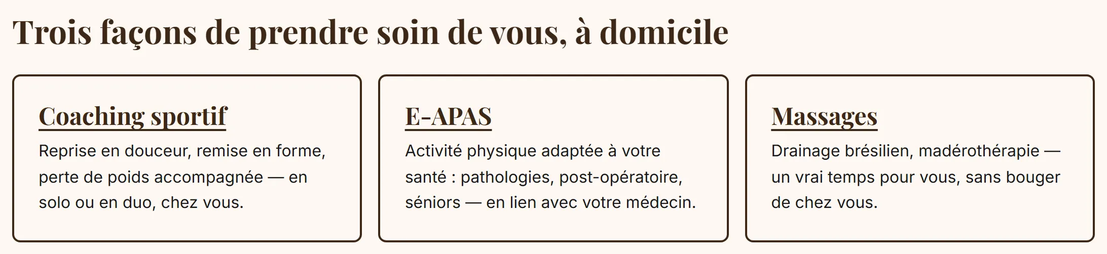 Trois cartes du site d’Anne-Sophie : coaching sportif, E-APAS et massages.