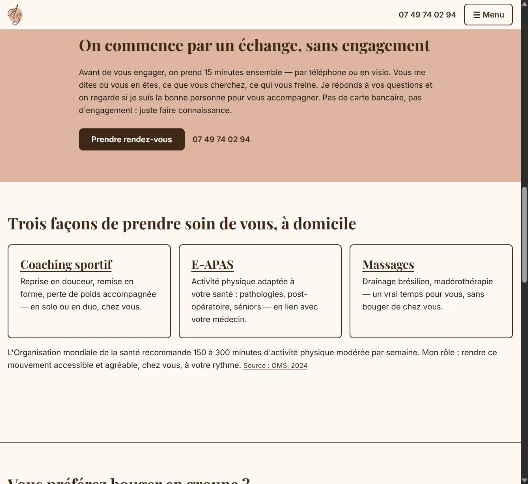Bloc du site d’Anne-Sophie proposant un premier échange et un bouton Prendre rendez-vous.