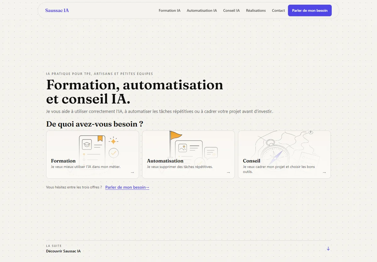 Accueil du site Saussac IA et présentation de ses accompagnements.